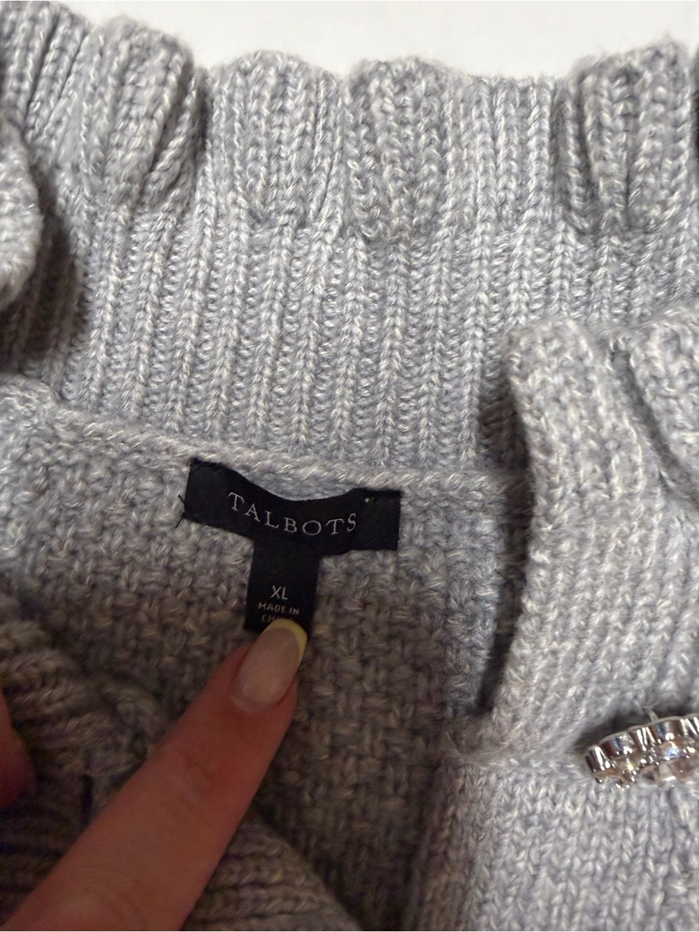 Talbots Light Gray Cable-Knit Ruffle Neck Cardigan - Picture 4 of 5